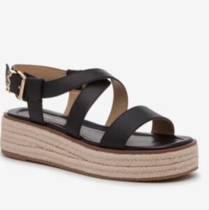 New Michael Michael Kors Black Leather Lynn Espadrille Sandal 10 m